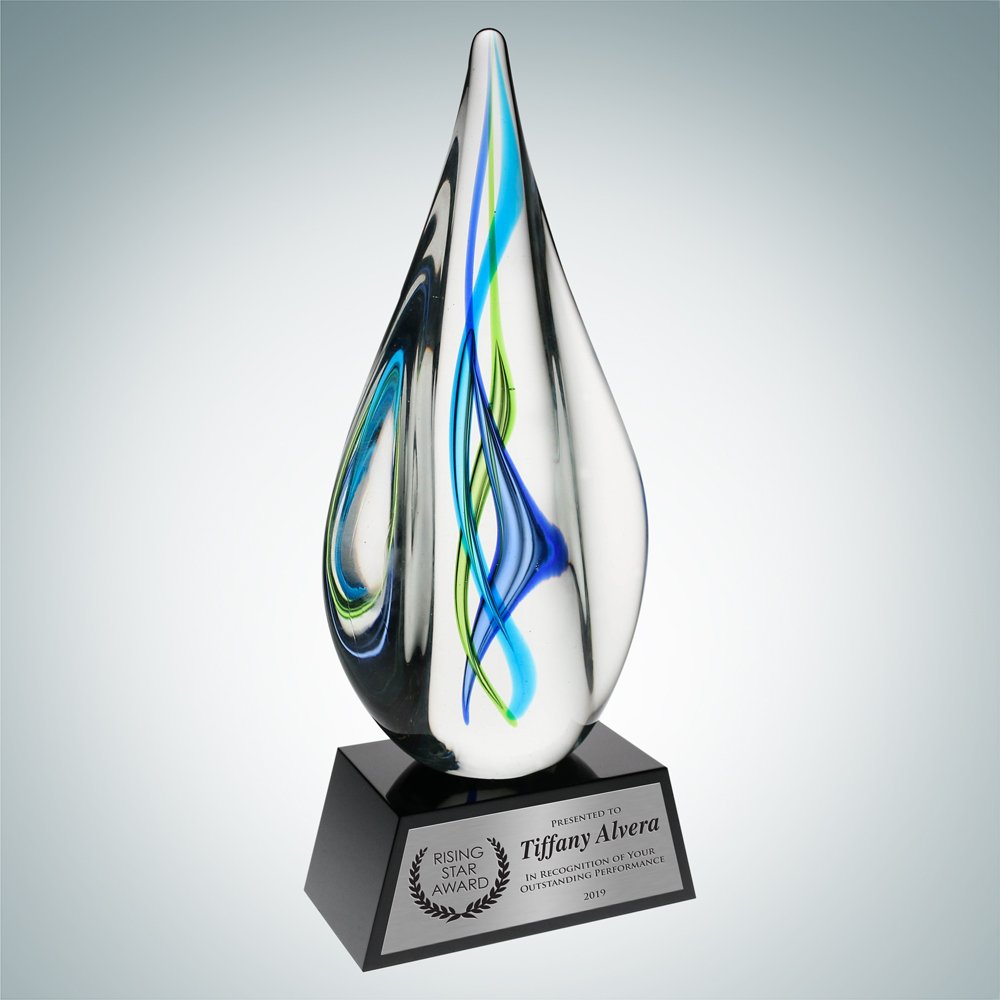 Art Glass Teal Aurora Award with Black Base