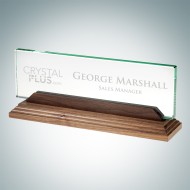 Engraved Jade Crystal Desk Nameplate with Walnut Base