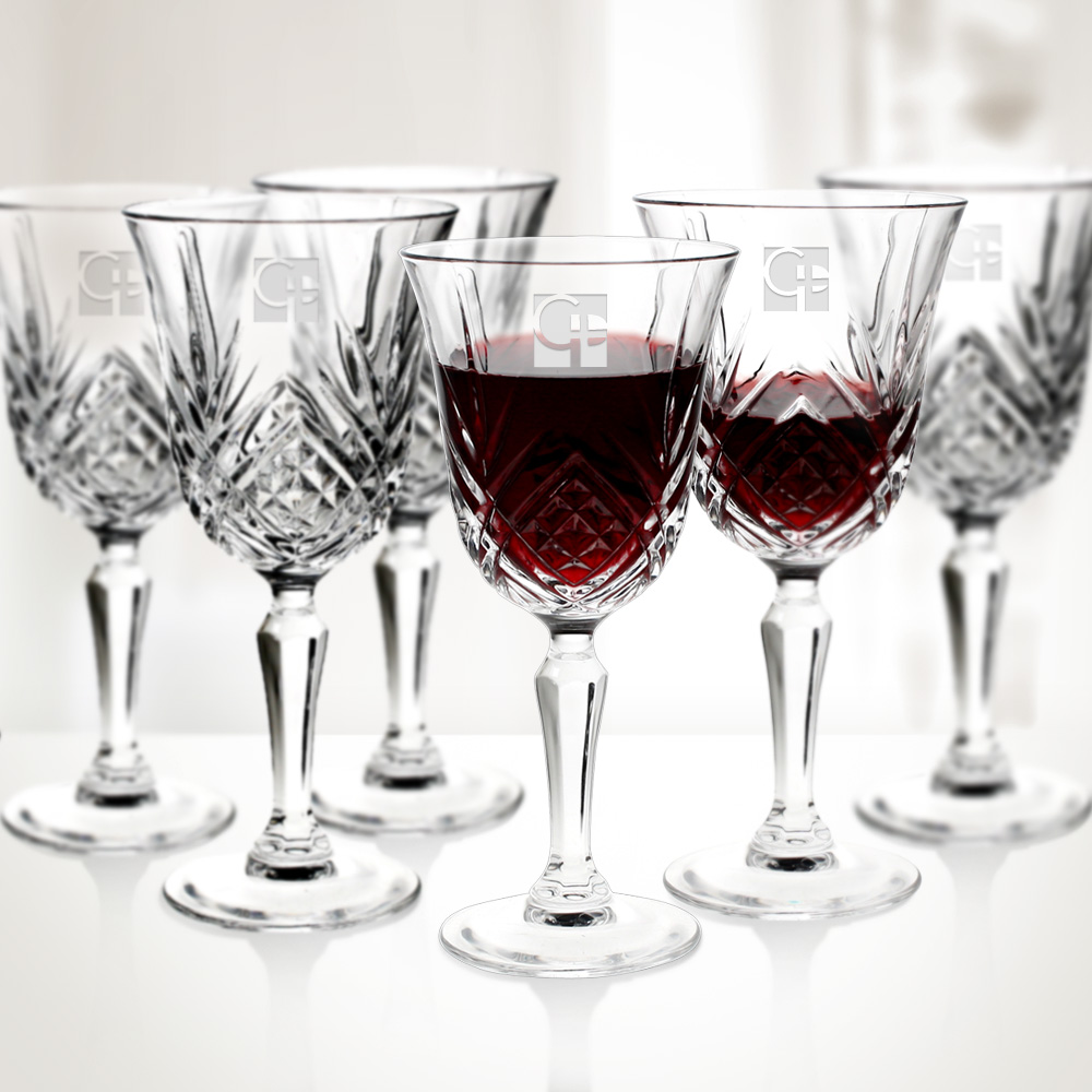 Set of 6 Engraved Molten Glass Diamax Masquerade Wine Glasses
