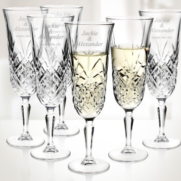 Set of 6 Engraved Molten Glass Diamax Masquerade Champagne Flutes