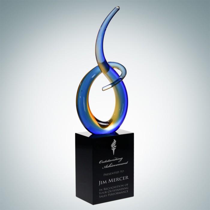 Blue and Yellow Art Glass Swirl Award on Black Crystal Base