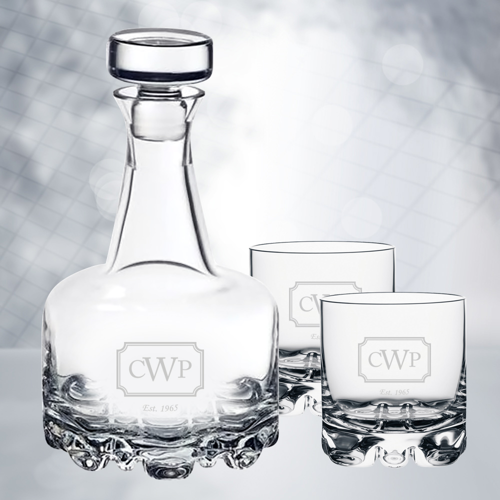 Engraved 3 pc. set -  Decanter and two Old Fashioned glasses