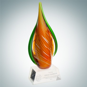 Art Glass Orange Creamsicle Award with Clear Base