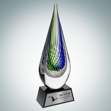 Art Glass Ocean Green Narrow Teardrop Award with Black Crystal Base 