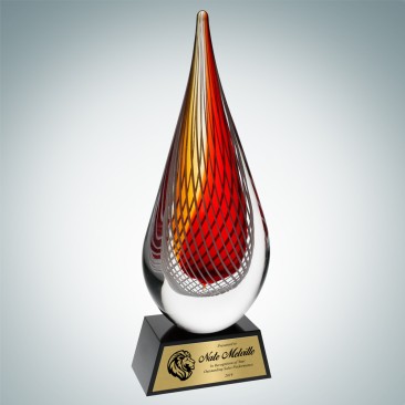 Art Glass Red Orange Narrow Teardrop Award with Black Crystal Base