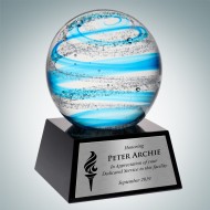 Art Glass Blue Jupiter Award with Black Crystal Base