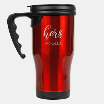 Pre-Designed Hers Red Stainless Steel Travel Mug with Handle, 14oz