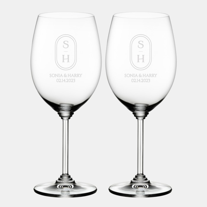 Pre-Designed Simple Couple Monogram Riedel Cabernet Merlot Wine Glass Pair