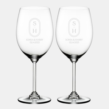 Pre-Designed Simple Couple Monogram Riedel Cabernet Merlot Wine Glass Pair, 21.5oz