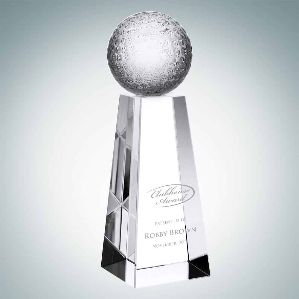 This Optical Crystal Championship Golf Trophy comes in three sizes:  6", 7" and 8" height, with a  2-3/8"Dia. Golf Ball on top of a crystal pedestal.